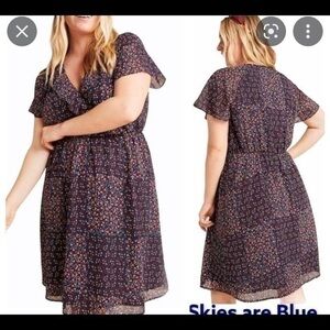 Anthropologie Navy Georgette Mixed Patchwork Print Flutter Short Sleeve …